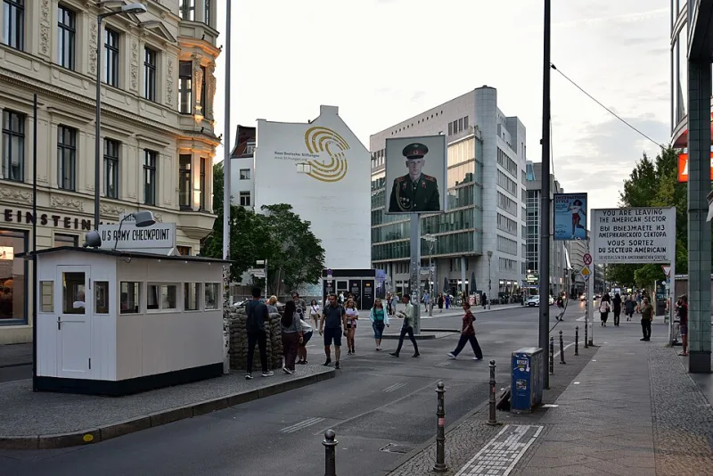 Checkpoint Charlie guardhouse and border sign in Berlin